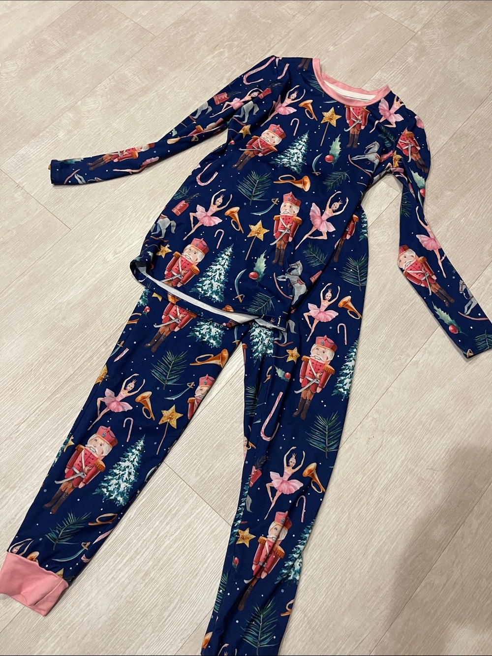 Kids Navy Nutcracker & Ballerina Holiday Pajama Set - Pink Trim
